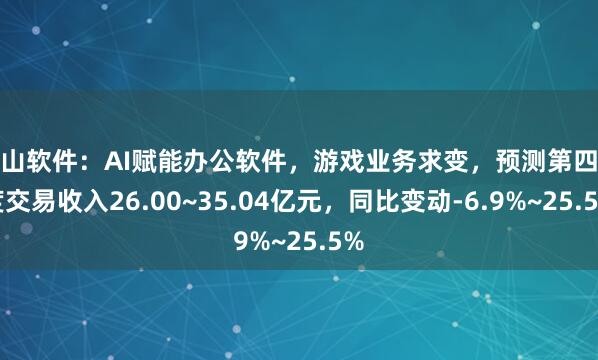 金山软件：AI赋能办公软件，游戏业务求变，预测第四季度交易收入26.00~35.04亿元，同比变动-6.9%~25.5%